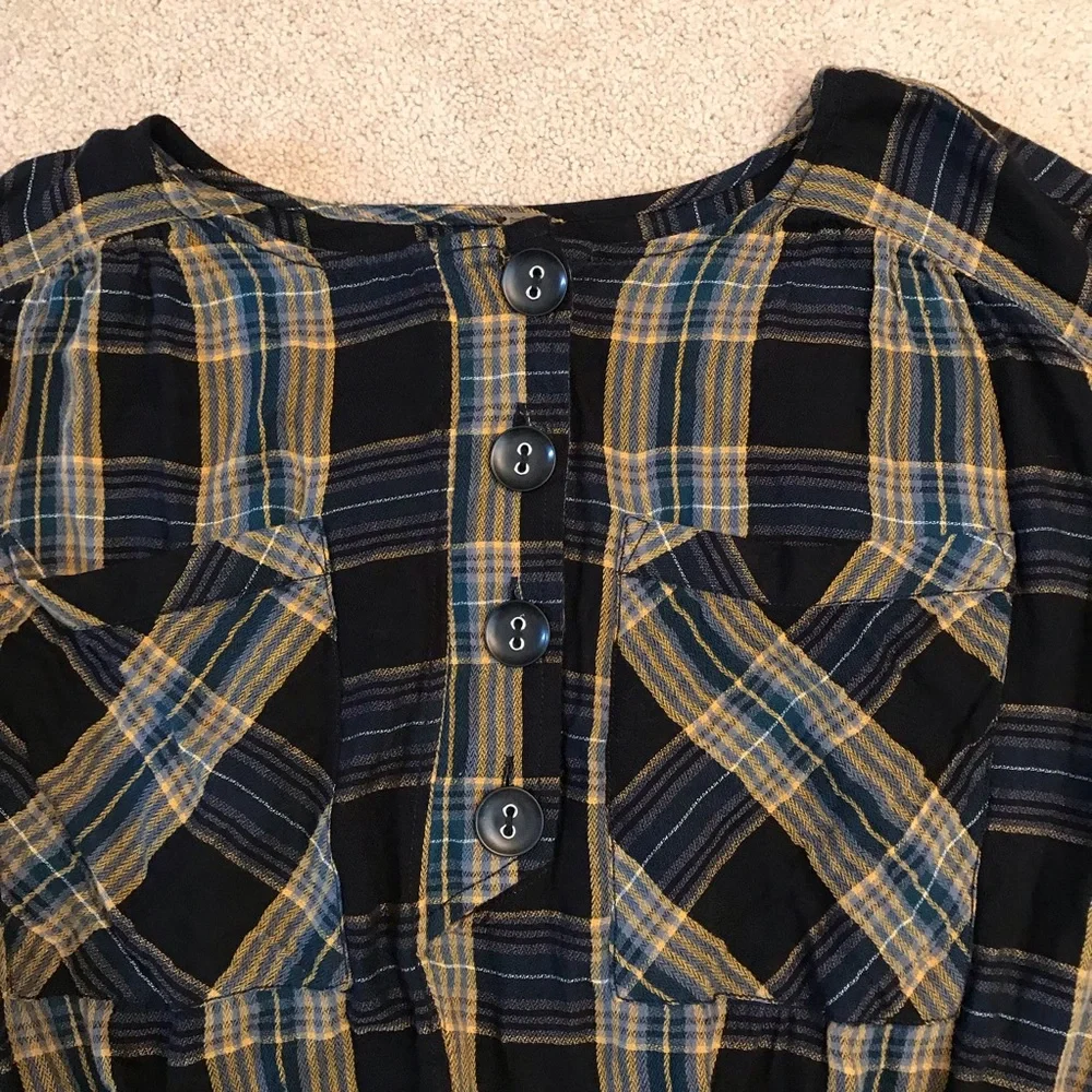 Free People Plaid Crop Top Size L Black Blue Tan Boho Prairie Country Girl Fall